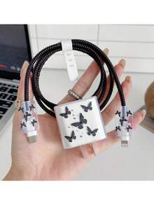 5pcs Painted Black Butterfly Design Phone Charger Set, Compatible With IPhone 18W/20W Charger, Charging Cable Protector, Charging Head Protector, Charger Accessories, Anti-Dirt, Prevent Cable Ends From Breaking - Black - View 5