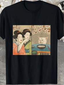 Japanese-Style Art With Cherry Blossom Cat And Sushi Prints T Shirt - Unisex Vintage Patterned Top,Features Geisha And Lucky Cat Designs,Soft, Breatha - Black - View 2