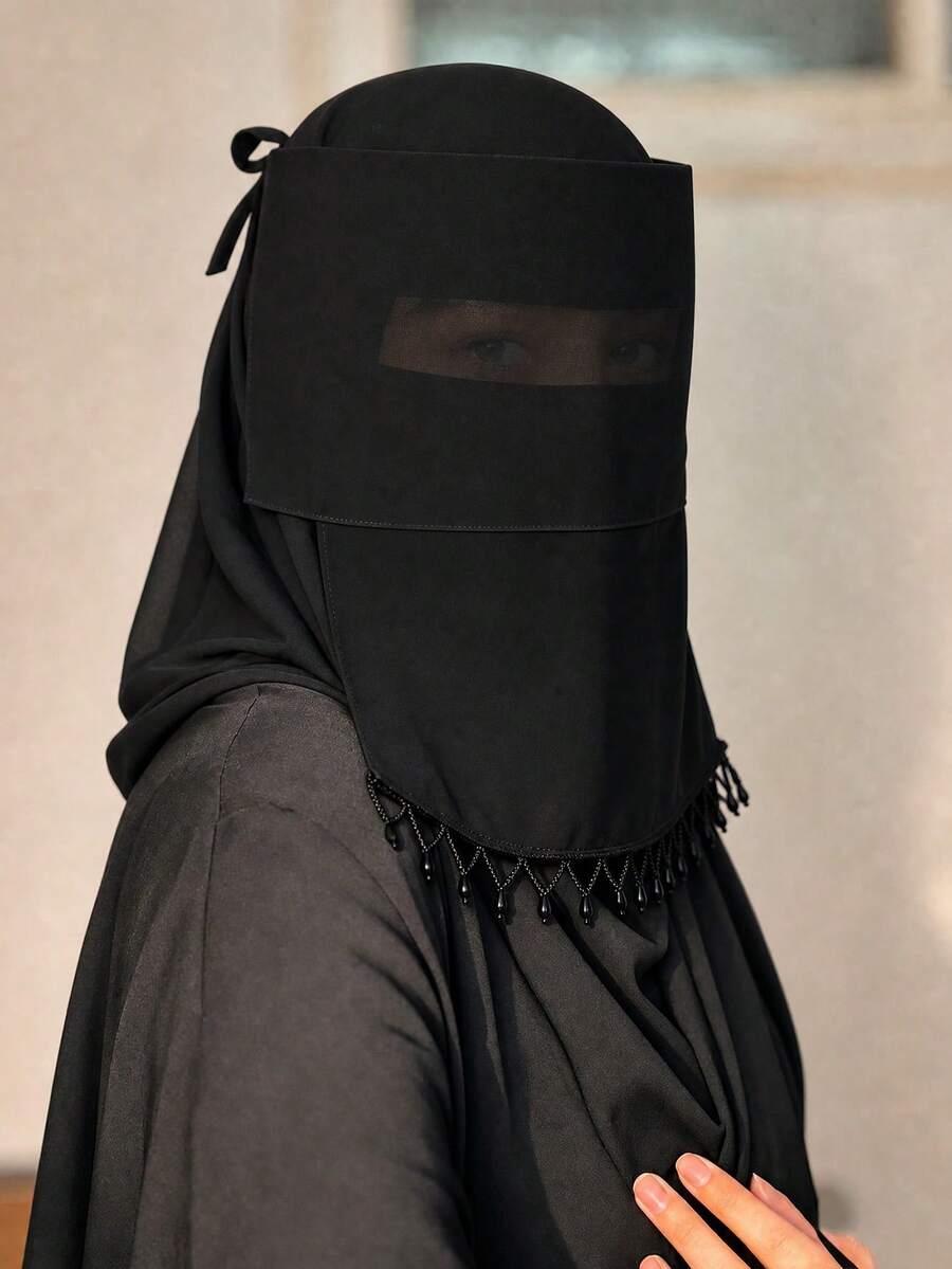 1PC Women's Fashion Solid Color Tassel Pendant Eye Veil, Comfortable Breathable Face Mask, Sun Protection Headwrap Multifunctional Muslim Hijab, Niqab, Turban; Suitable For Daily Outings - Black-fringe - View 1