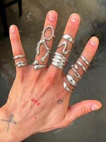 17pcs/Set Punk Style Geometric Asymmetrical Lava Line Rings Set, Suitable For Men's Vacation, Dating, Daily Wear, Versatile, Gift For Boyfriend, Holiday Gift - Silver - View 1