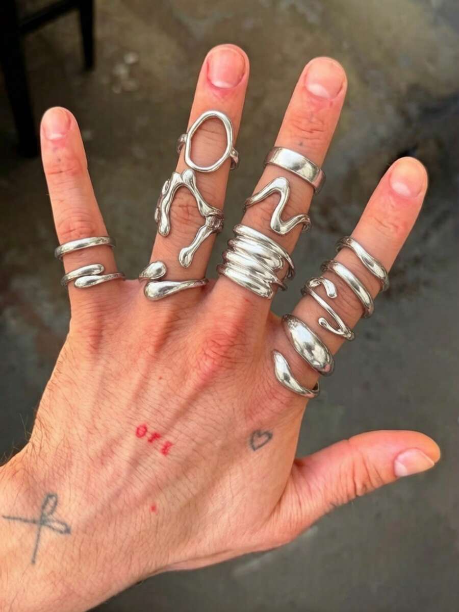 17pcs/Set Punk Style Geometric Asymmetrical Lava Line Rings Set, Suitable For Men's Vacation, Dating, Daily Wear, Versatile, Gift For Boyfriend, Holiday Gift - Silver - View 1