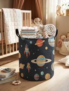1pc, Round Storage, Extra Large Capacity Foldable, Durable, Space Pattern Printed Large Capacity Foldable Round Storage Basket, With Handle, Baby Room Multi-Purpose Storage Basket, Baby Sundries Organization Storage Basket Large Capacity Storage Box, Baby Room Storage, Baby Supplies Storage, Diaper Storage, Clothing Storage, Baby Supplies Sundries Storage, Multi-Purpose Storage Box, Foldable Baby Supplies Storage Box - Multicolor - View 3