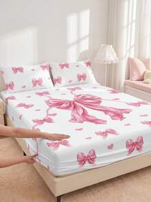 1pc Fitted Sheet, Dorm Bedding, Large Bow Mattress Protector, Bed Cover, Cozy Room Decor, Back To School, Lightweight Skin-Friendly Breathable, Ultra Soft Anti-Pilling, Suitable For Twin/Full/Queen/King Size Bed, All Season, Pillowcase Not Included, Machine Washable - Multicolor - View 6
