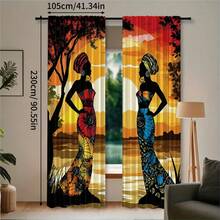 2pcs High-Definition Digital Bohemian African Exotic Print Decorative Curtains, Women Silhouette Totem Pattern Design, Polyester Material, Rod Pocket Design, Easy To Hang, Semi-Transparent Privacy Protection, Machine Washable And Hand Washable, Vintage Bohemian Living Room Bedroom Curtains, Suitable For Bedroom, Living Room, Kitchen, Closet, Study, Home Decor. - Multicolor - View 13
