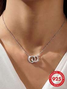 1pc S925 Sterling Silver Geometric Hollow Circle Necklace, Fashionable Light Luxury Personalized Exquisite Korean Minimalist Ins Cold Style Interlocking Design Niche Clavicle Chain, Suitable For Daily Casual Wear, Versatile Elegant Neck Accessory Gift - Ring - View 5
