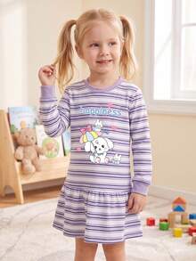 Gaun Lengan Panjang Motif Garis-Garis Kartun Terbaru Musim Semi/Gugur, Gaun Sweatshirt Longgar Leher Bulat, Cocok Untuk Anak Perempuan Usia 3 Tahun Ke Atas - Mauve Purple - View 5