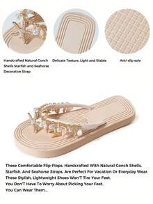 Women's Wide Fit Flat Flip Flop Sandals, Soft Sole, Decorated With Natural Shells, Starfish And Faux Pearl Charms, Casual Soft Summer Beach Style - Beige - View 9