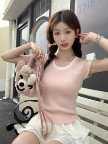 RUIWY Women's Ribbed Knit Crew Neck T-Shirt, Contrast Trim, Pink Preppy Style Short Sleeve Top With Bow Embroidery, Knit Pullover Short Sleeve Shirt, Summer & Autumn - Pink - View 5