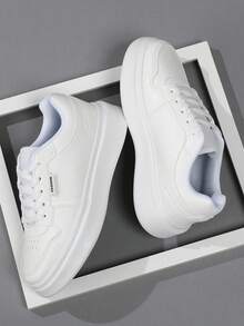 Women's Casual Thick Sole Sneakers, Light Blue Colorblock Fashion Walking Shoes, Low-Top Women's Thick Sole Casual Skate Shoes - White - View 6