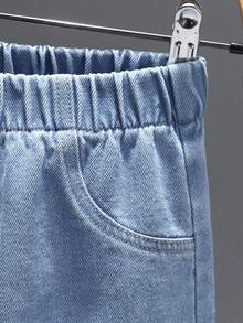 1件装 男童休闲街头风做旧刺绣六七图案松紧腰牛仔短裤，春夏款 - 淺色水洗藍 - 查看 4