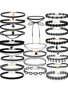 22pcs Black Choker Necklace Set For Women, Velvet Collar Set, Bohemian Vacation Style Lace Elastic Necklace Gift - Multicolor - View 8
