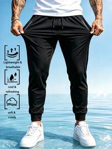 1pc Men's Summer Cuffed Joggers, Elastic Drawstring Waist, Side Zipper Pockets, Casual Sports Pants, Suitable For Fitness, Running And Daily Wear - Black - View 3