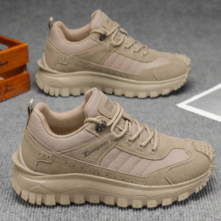 Solid Color Outdoor Lace-Up Hiking Shoes, All-Season Versatile Retro Round Toe Plus Size Street Style Thick Sole Work Boots For Men - Khaki - View 1