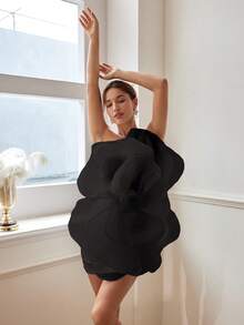 女款蓬鬆玫瑰正式禮服，優雅半正式舞會禮服，婚禮賓客穿著，情人節春季紅黑配色 - 黑色 - 查看 5