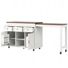 Kitchen Island With Storage, Extendable Dining Table/Bar Table (131.5-210 Cm), 360° Rotatable, With Drawers And Cabinets, Versatile Worktop For Kitchen, Dining Room And Small Spaces, Black - White - View 7
