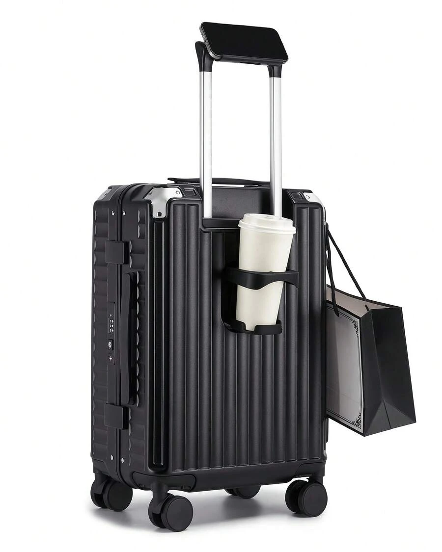 PC Hard Shell Luggage Suitcase With Cup Holder 20 Inch Cabin 24 Inch Medium 28 Inch Large Zip Free Aluminium Frame TSA Lock 3 Piece Luggage Set Black