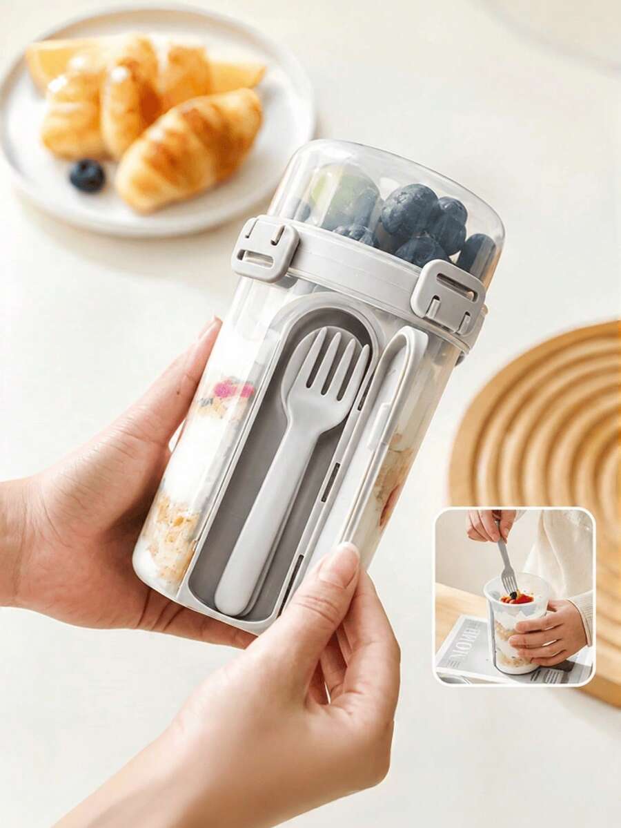 Leak-Proof Double-Layer Salad Box With Fork And Spoon, Detachable Portable Food Cup, Suitable For School, Lunch, Yogurt, Travel, Camping Tent Accessories, Travel Essentials, Holidays