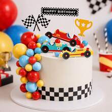 25pcs/20pcs Race Car Cake Topper Set, Checkered Flag Trophy Racing Car Cupcake Picks With Color Foam Balls For Race Car Theme Birthday Cake Decorations - Multicolor - View 3