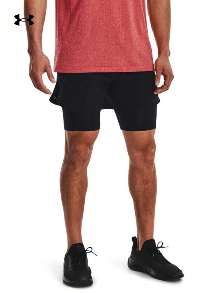 Under Armour Pantalones cortos de running dos en uno para hombre, con forro ligero antiabrasión, abertura, transpirables y con cordón ajustable en la cintura. - Negro - Ver 1