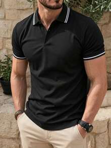 ALTZTAR 男士休闲通勤撞色滚边短袖 Polo 衫 - 黑色 - 查看 2
