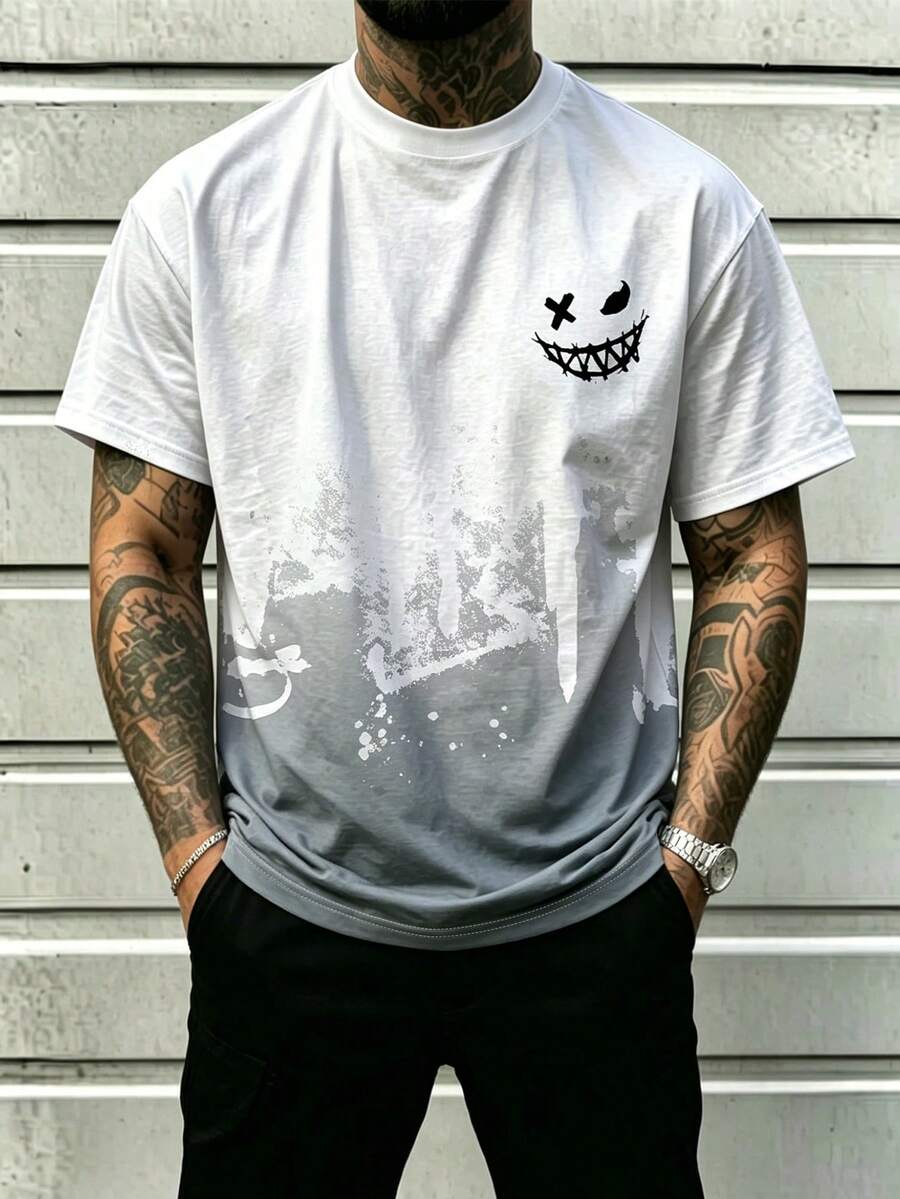 Men's Plus Size Summer Gothic Style Colorblock Short Sleeve Crew Neck T-Shirt - White - View 1