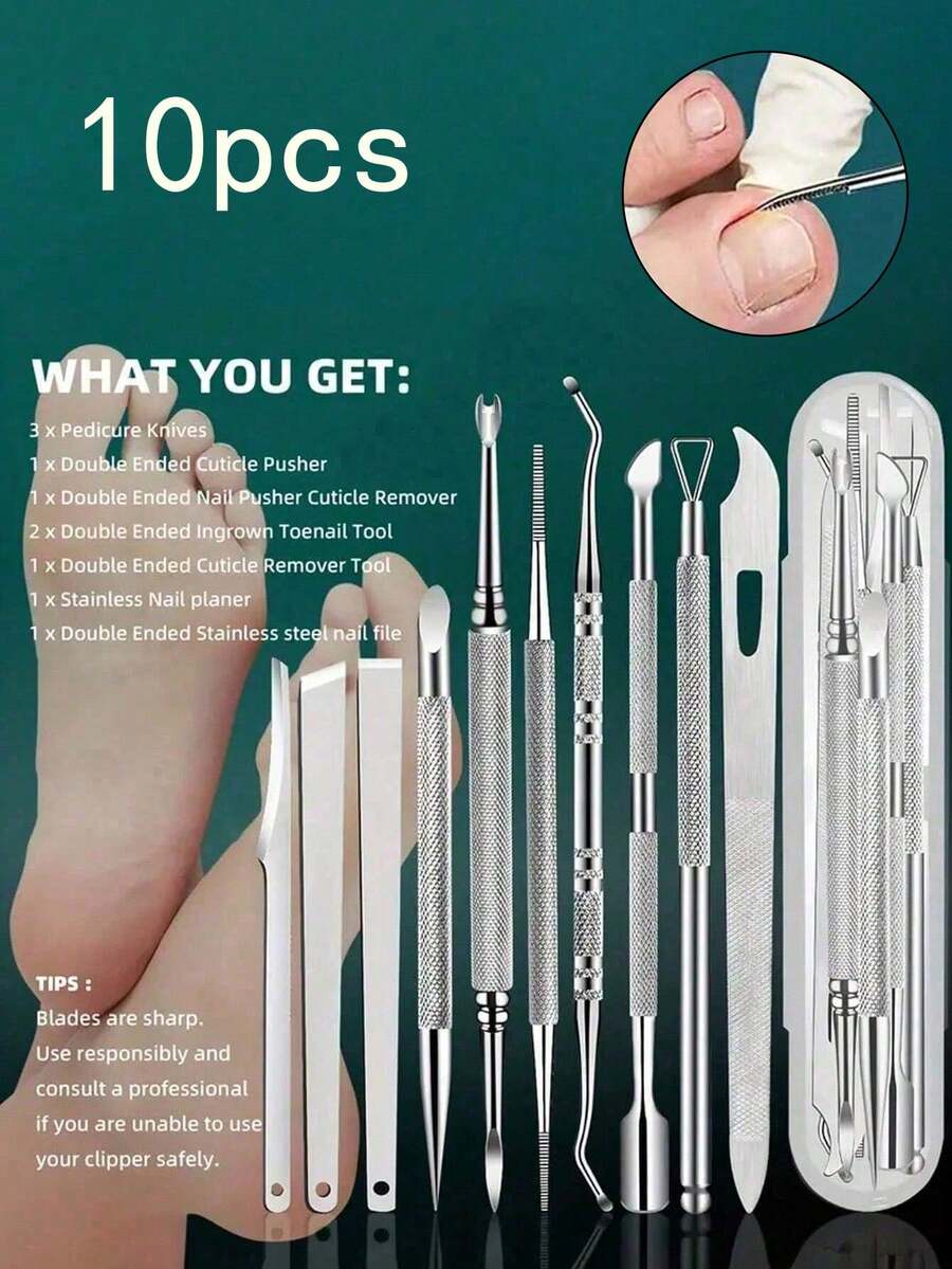 Conjunto Profissional de 10 Peças de Cuidados com os Pés em Aço Inoxidável e Conjunto de 5 Peças de Cortador de Unhas de Dupla Ponta em Aço Inoxidável com Bolsa de Armazenamento e Caixa Organizadora, Bolsa de Armazenamento Portátil e Estojo Protetor, Lima de Unhas de Dupla Face para Cuidados com os Pés de 3 Peças, de Unhas, Raspador e 1 Peça de Empurrador de Unhas de Teste, Estas Ferramentas de Cuidado São Usadas para Limpar e Remover Unhas Encravadas, Adequadas para Uso Doméstico, Viagem e Uso Externo, Ferramentas Multifuncionais de Cuidados com as Unhas, Presente de Feriado Perfeito para Família e Amigos, Adequado para Homens e Mulheres, Presente de Feriado Ideal para Várias Ocasiões - prata - Visão 1