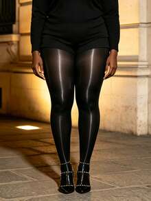1 Pair Plus Size Black Glossy High Elasticity Pantyhose, Sexy Fashionable Cute Style, Suitable For Daily Wear, Dating, Spring/Autumn Commuting - Multicolor - View 3