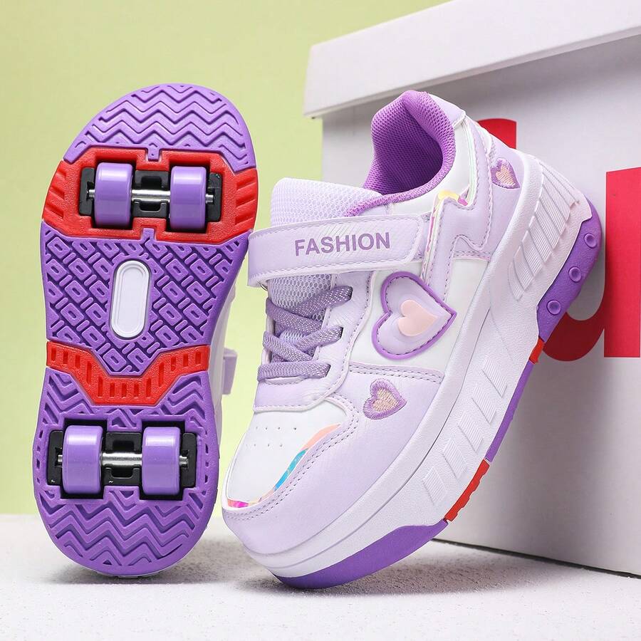Small 4-Wheel Shoes With Butterfly Decor, TPR Detachable Wheels Sole, Fast Glide, Walkable All-Season Roller Shoes - Purple - View 1