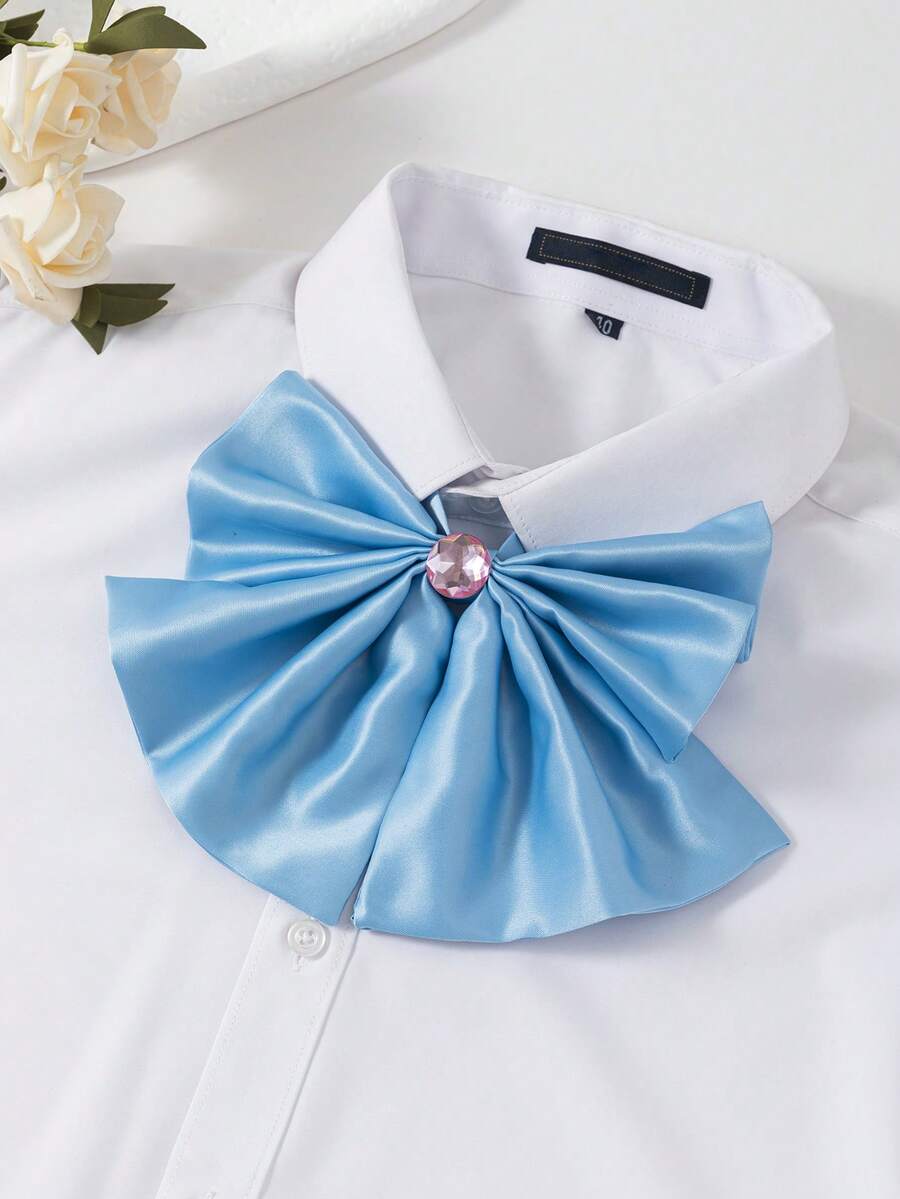 1件女款學院風蝴蝶結 純色緞面水鑽裝飾制服襯衫 水手校服配件蝴蝶結 - 淺藍色 - 查看 1