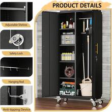 Broom Closet Garage Storage Cabinet With Wheels, 71" Metal Cleaning Cabinets With Hooks And Hanging Rods, Tall Freestanding Lockable Tool Variant 1 - None - View 4
