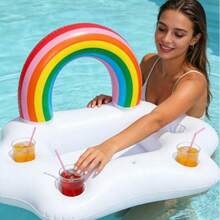 1pc Inflatable Rainbow Drink Holder, Floats On Water, Suitable For Pool Party, Beach, Outdoor Picnic, Camping, Lightweight And Soft, Easy To Inflate/Deflate, Reusable, Space-Saving, Pool Float, Beach Essential - Multicolor - View 2