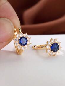1 Pair Vintage Deep Blue Sapphire Zirconia Sunflower Halo Diamond Clip-On Earrings, Suitable For Women's Wedding, Evening Party And Formal Occasions - Sunflower - View 6