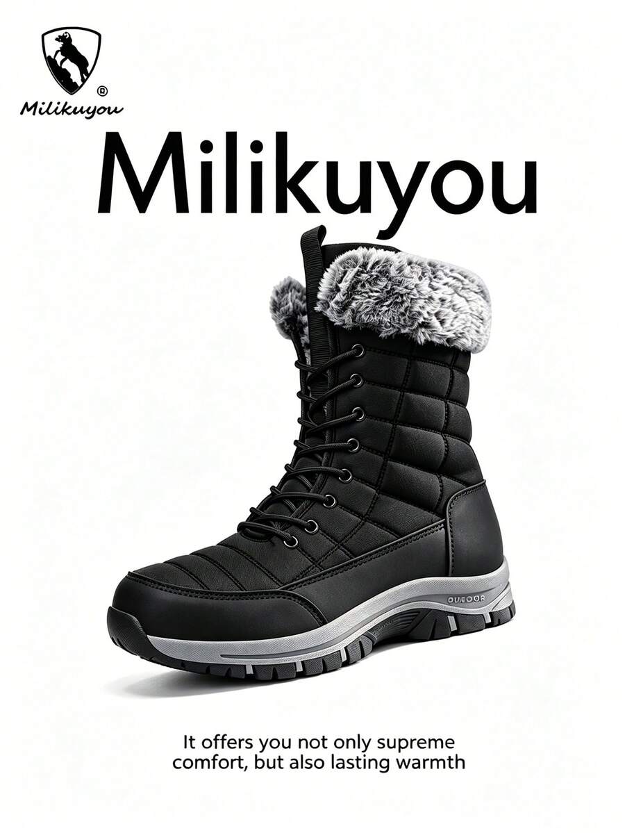 Milikuyou 男士冬季工作雪地靴 純黑色 時尚質感款 鞋口飾有厚實柔軟保暖領口 防滑耐磨 穩定支撐鞋底 男士戶外運動雪地鞋 絎縫設計 防滑耐磨厚底 工作風雪地靴 耐寒保暖內裡 暖絨領口 冬季戶外通勤 龐克風 尺寸 39-48 - 黑色 - 查看 1