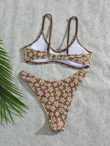 2026 Vintage Green Jacquard Bikini Set, Spaghetti Strap Top And Triangle Bottom, Summer Beach Vacation Swimwear Brown - Brown - View 3