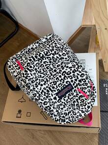 Nylon Backpack, Black And White Leopard Print, Pink Zipper And Logo Patch, Multi-Pocket Large Capacity School Bag, Y2K Style, Suitable For Teenage Girls Daily Campus Outings - Black and White - View 7