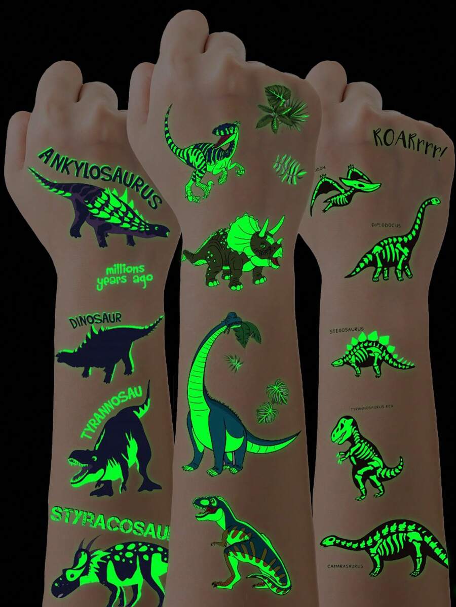 STARTTOOS 5 Sheets Glow-In-The-Dark Dinosaur Temporary Tattoo Stickers, 36 Designs, Waterproof Tyrannosaurus Pterosaur Velociraptor Triceratops Stegosaurus Design, Birthday Party Christmas Gift Event Holiday Party Set