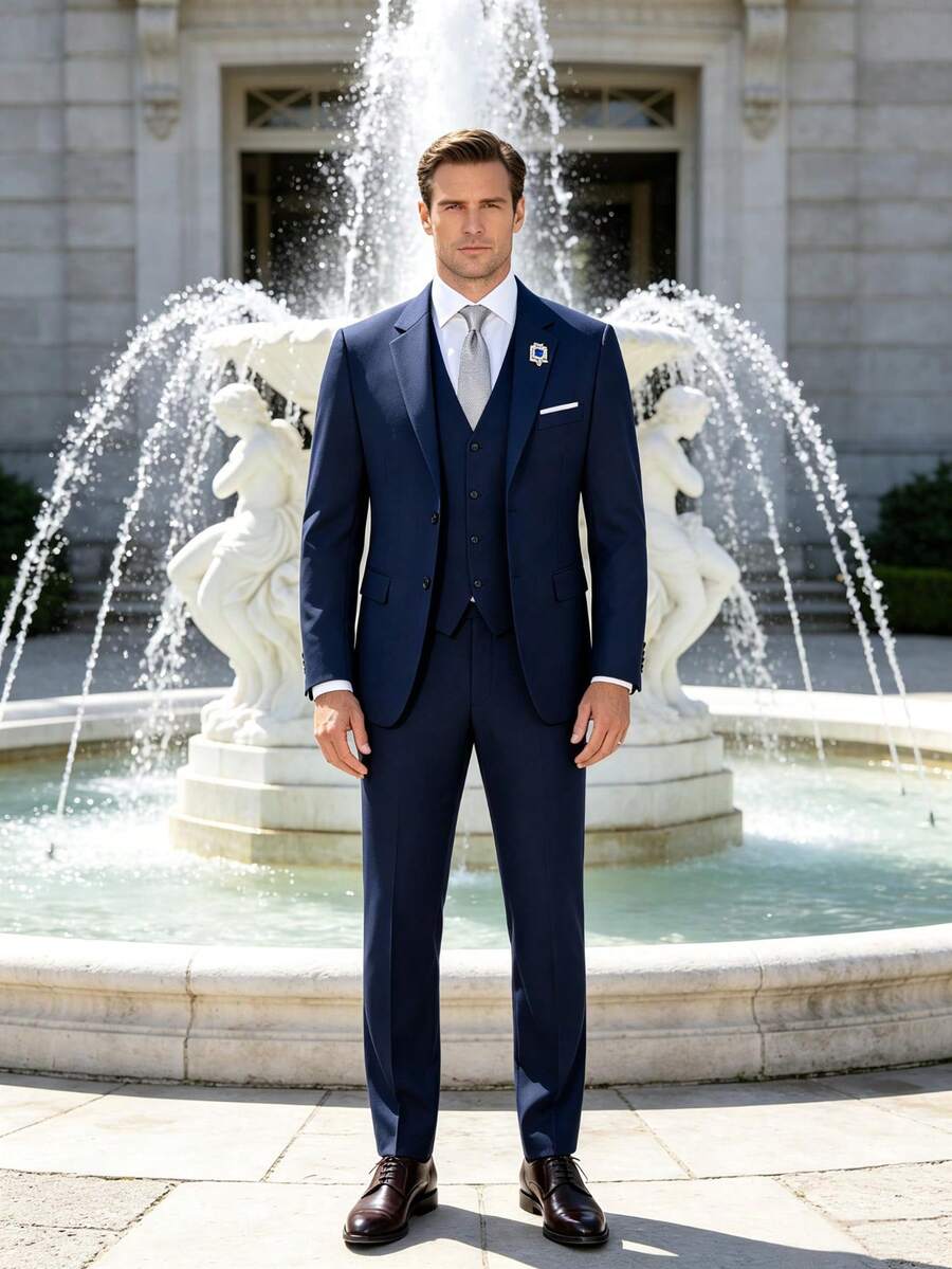 Men's Navy Blue 3 Piece Suit Slim Fit Business Blazer Vest Pants For July 4th Wedding Guest Party Groom Business Casual Tuxedo - 藏蓝色 - 查看 1