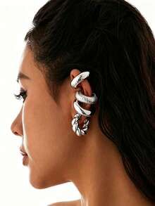 YUNCHUN 4pcs Thick Gold-Tone Open Ear Cuffs, Exaggerated Style Non-Pierced Earrings For Women's Daily And Party Wear - Silver - View 3