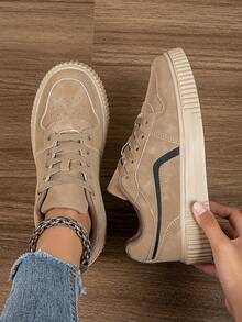 Women's Fashion Casual Low-Top Lace-Up Breathable Colorblock Sneakers, Lightweight Comfortable Skate Shoes - Khaki - View 2