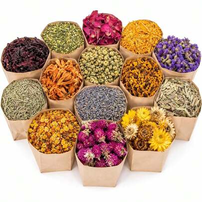 Sukh Dried Herbs Kit - Dried Botanicals Bulk,14 Bags Natural Dry Flowers And Herbs For Soap,Candle,Perfume,Bath Bombs,Resin Jewelry Making Supplies,Fragrance Sachet DIY And Witchcraft
