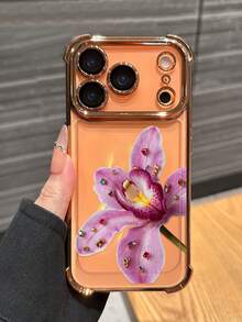 Full Coverage Transparent Shockproof TPU Phone Case, Rhinestone Lily Flower Pattern, Compatible With Apple Devices, Suitable For IPhone 17 Pro, 16 Pro, 15, 14, 13, 12 And 11, Minimalist Fashion Soft Protective Shell, Valentine's Day Gift - Orange - View 2