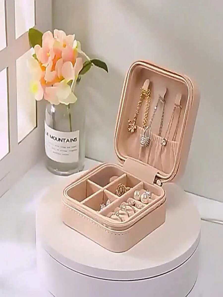 1pc Pink Minimalist PU Leather Portable Jewelry Box For Women, Suitable For Rings And Necklaces - S - View 1