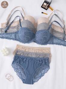 3 Sets Women's Lace Lingerie, Including Elegant Underwire Push-Up Bra And Breathable Triangle Panties - Multicolor - View 1