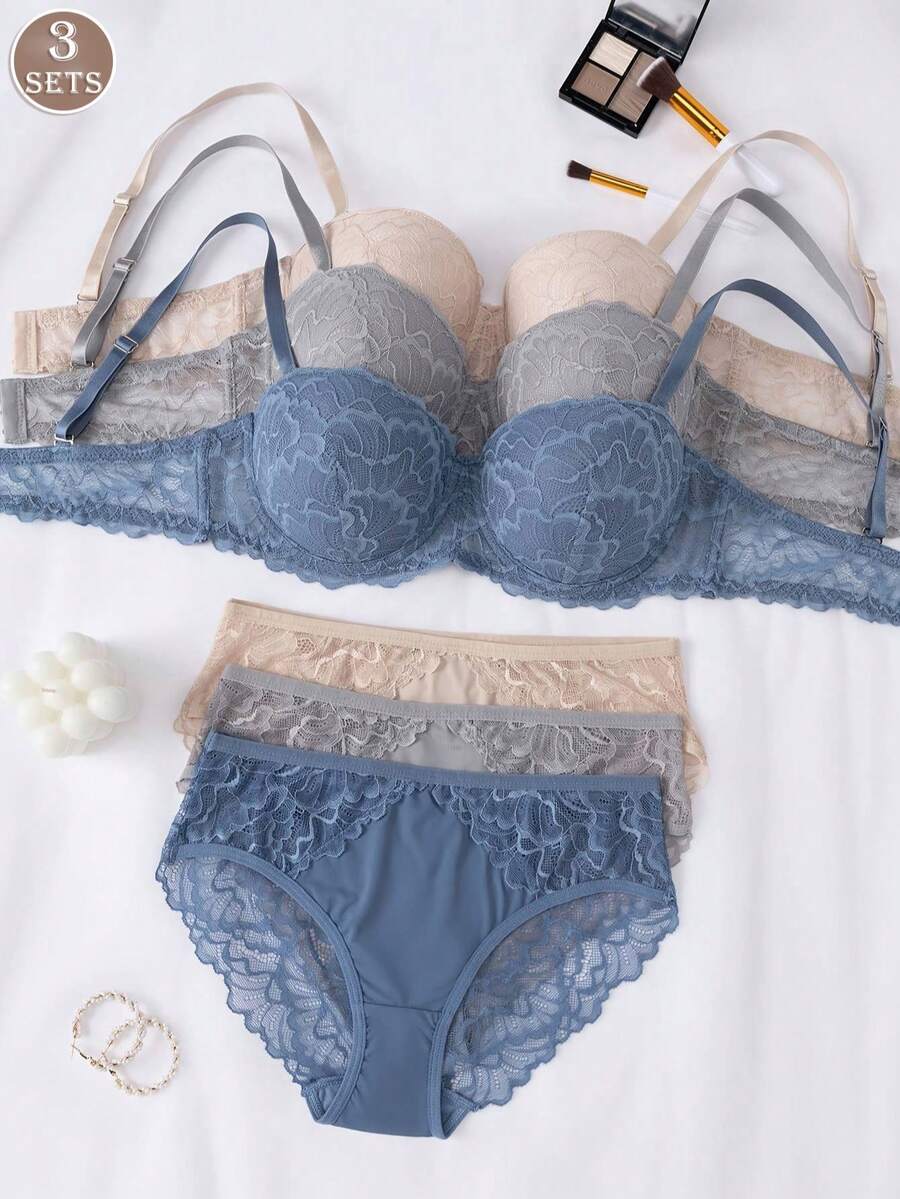 3 Sets Women's Lace Lingerie, Including Elegant Underwire Push-Up Bra And Breathable Triangle Panties - Multicolor - View 1