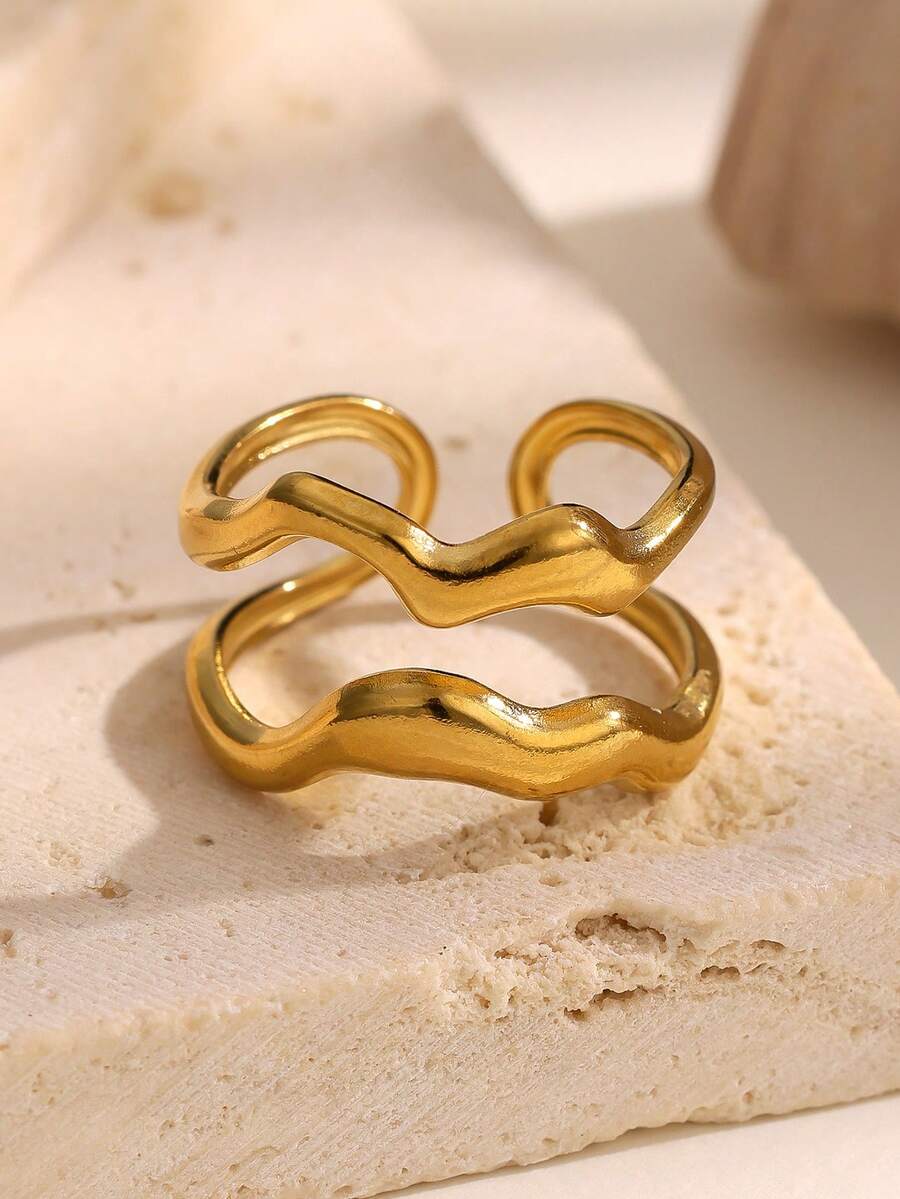 1件極簡線條開口不鏽鋼戒指，金色，不褪色，女款飾品