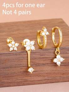 4PCS Exquisite Stainless Steel Zirconia Round Hoop Earring Set For Women 18K Gold Plated Temperament Flower Ear Stud Cartilage Piercing Jewelry - 4PCS-gold - View 5