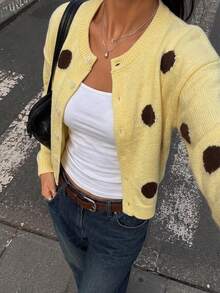 Cardigan Polkadot Vintage Wanita, Sweater Lengan Panjang Leher Bulat Kancing Depan, Cocok untuk Musim Gugur/Musim Dingin - Kuning - View 7
