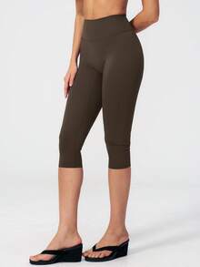 NcmRyu Women's 1pc Solid Color High Waist Tummy Control Butt Lifting Slim Fit Sports Mid-Length Shorts - Coffee Brown - View 9