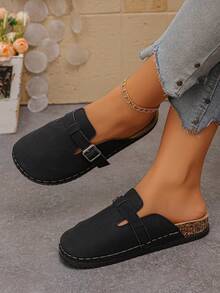 Women's New Fashion Black Thick Sole Slippers, Versatile Soft Bottom Closed Toe Buckle Half-Slip Flat Shoes, Outdoor Casual Loose Comfortable Mule Shoes - Black Matte Finish - View 5