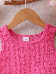 2pcs/Set Young Girl' Sweet Girly Style Fuchsia Vest + 3D Bow Denim Skirt Set, Summer - Hot Pink - View 4